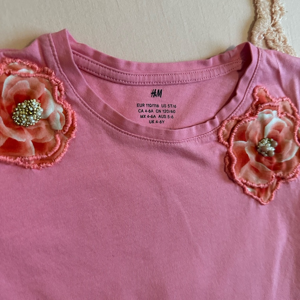 Upcycled H&M Pink T-shirt 5/6T Embroidered Flowers & Beading 🌷